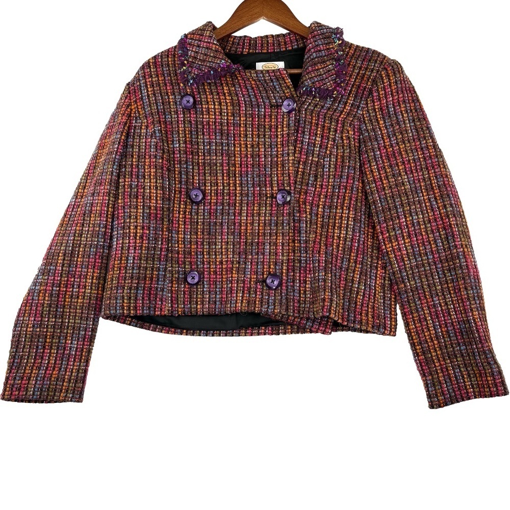 VTG Women's Talbots Wool Blend Multicolor Tweed Double Breasted Blazer Sz14P